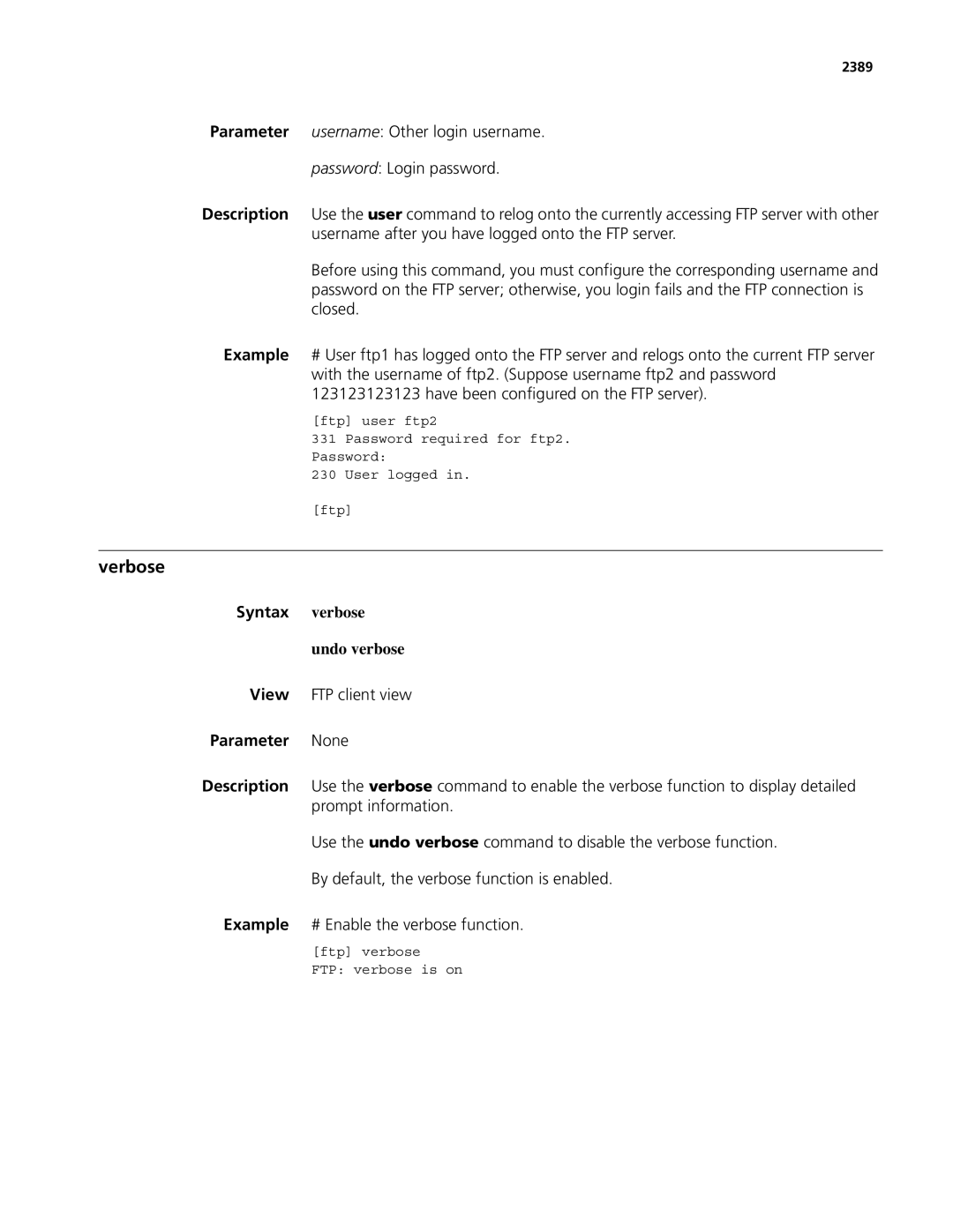 3Com MSR 50, MSR 30 manual Verbose, Syntax verbose, Undo verbose, 2389 