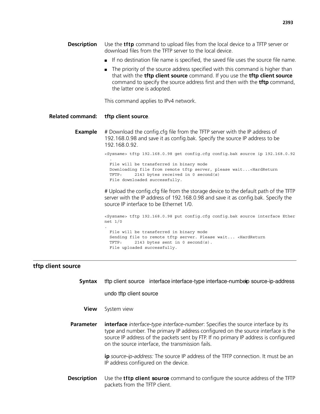 3Com MSR 50 manual Tftp client source, Related command tftp client source, On the source interface, the transmission fails 