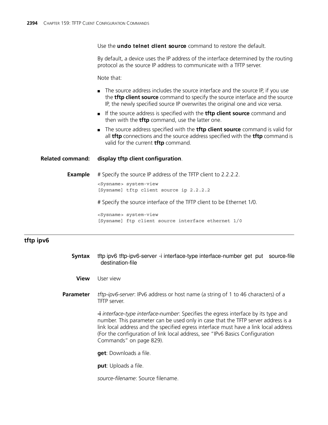 3Com MSR 30, MSR 50 manual Tftp ipv6, Related command display tftp client configuration 