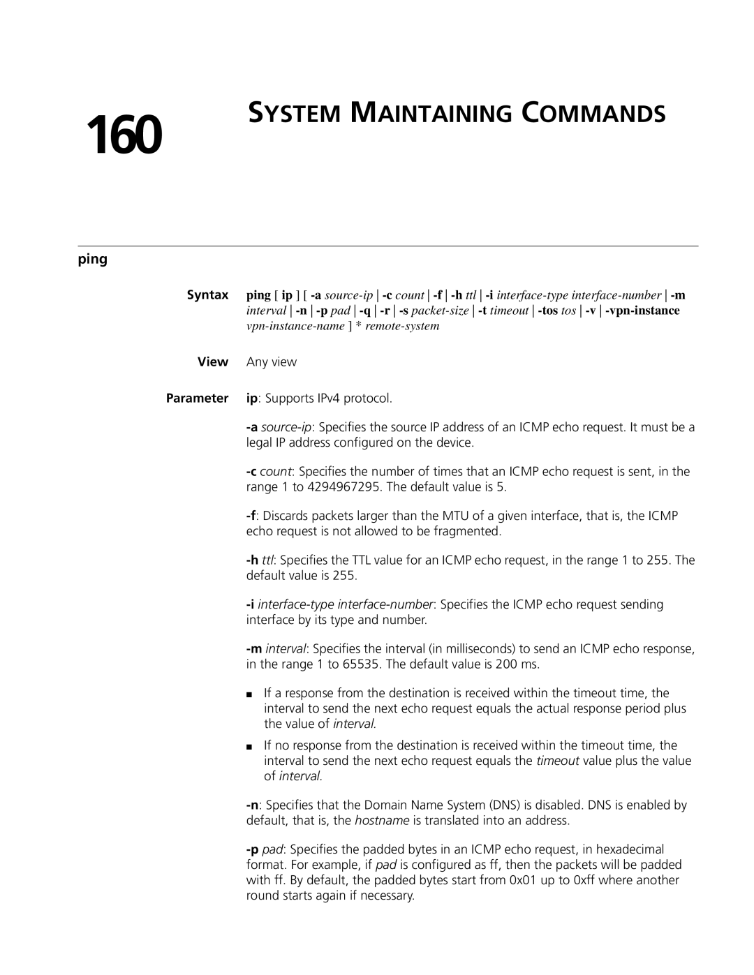 3Com MSR 50, MSR 30 manual 160, System Maintaining Commands, Ping 