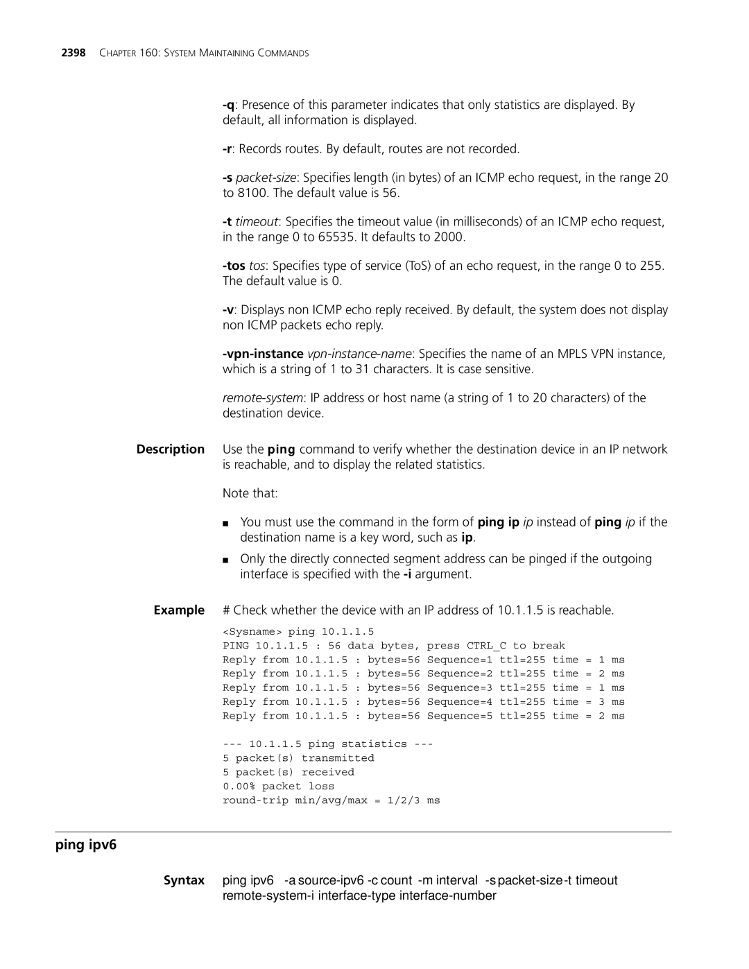 3Com MSR 30, MSR 50 manual Ping ipv6 