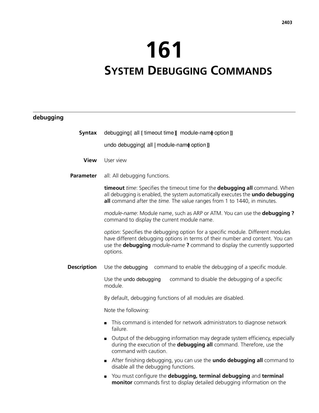 3Com MSR 50, MSR 30 manual 161, System Debugging Commands, Undo debugging all module-name option, 2403 