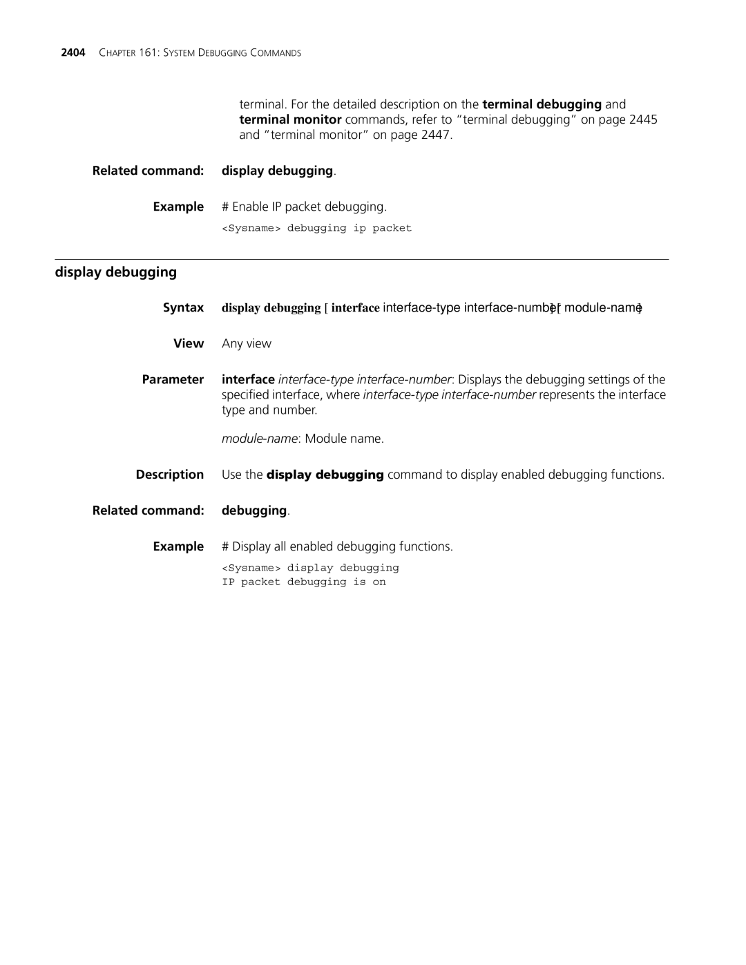 3Com MSR 30, MSR 50 manual Display debugging, Related command display debugging, Debugging 