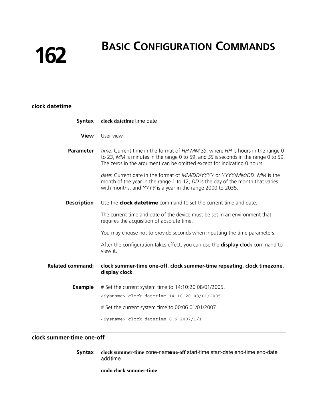 3Com MSR 50, MSR 30 manual 162, Basic Configuration Commands, Clock datetime, Clock summer-time one-off 