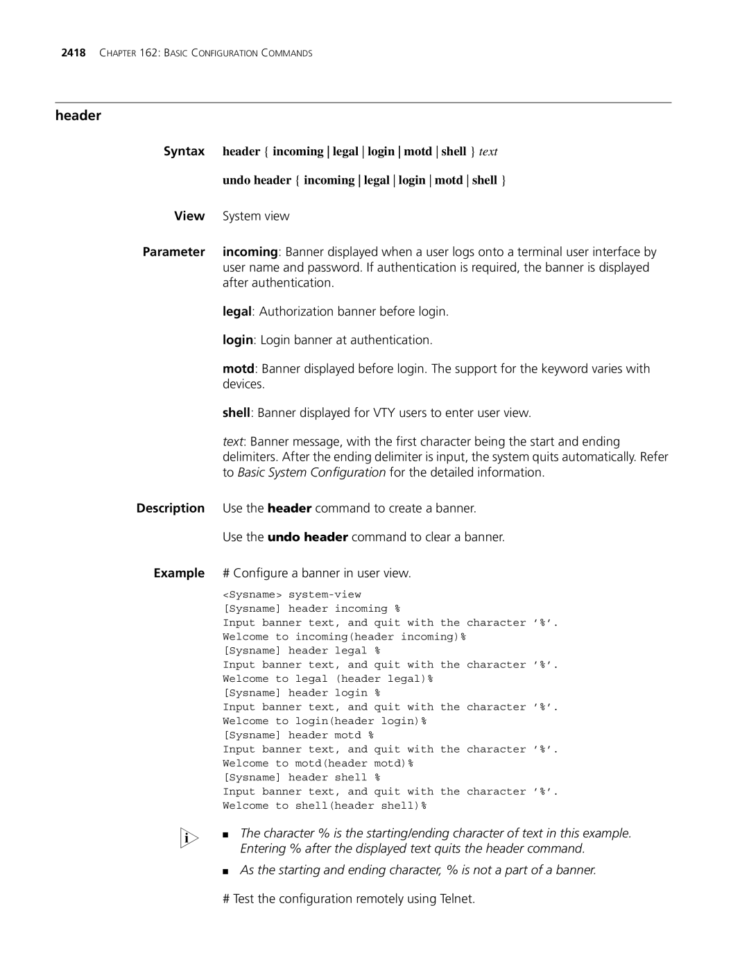 3Com MSR 30, MSR 50 manual Header incoming legal login motd shell text, Undo header incoming legal login motd shell 