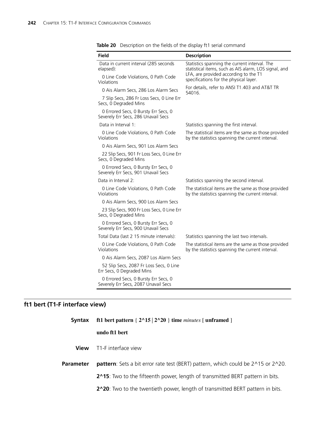 3Com MSR 30, MSR 50 manual Ft1 bert T1-F interface view, Ft1 bert pattern 215 220 time minutes unframed, Undo ft1 bert 