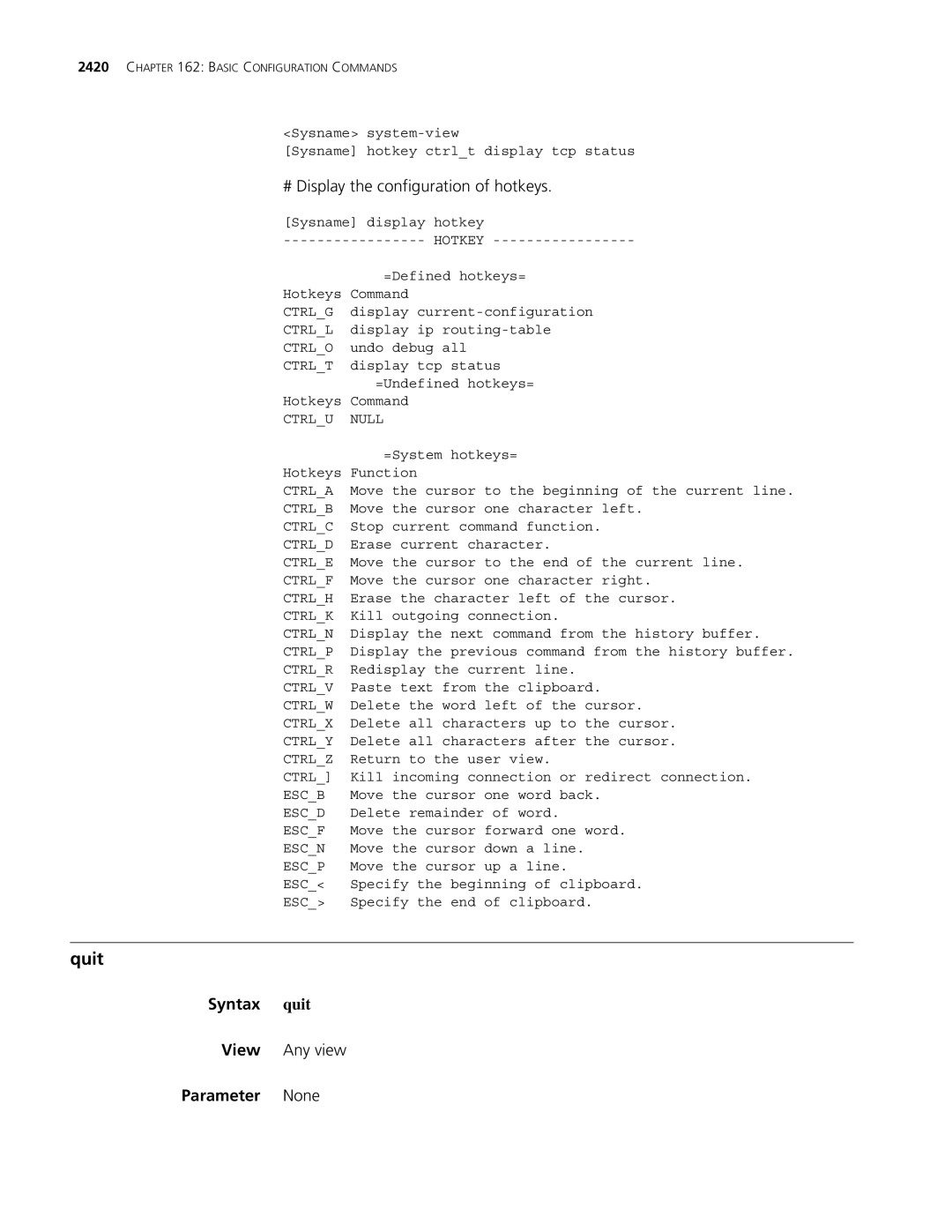 3Com MSR 30, MSR 50 manual Quit, # Display the configuration of hotkeys 