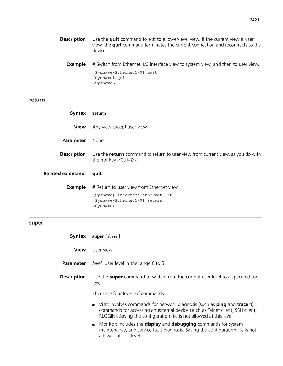 3Com MSR 50, MSR 30 manual Return, Super, Syntax return, Related command quit, Syntax super level 