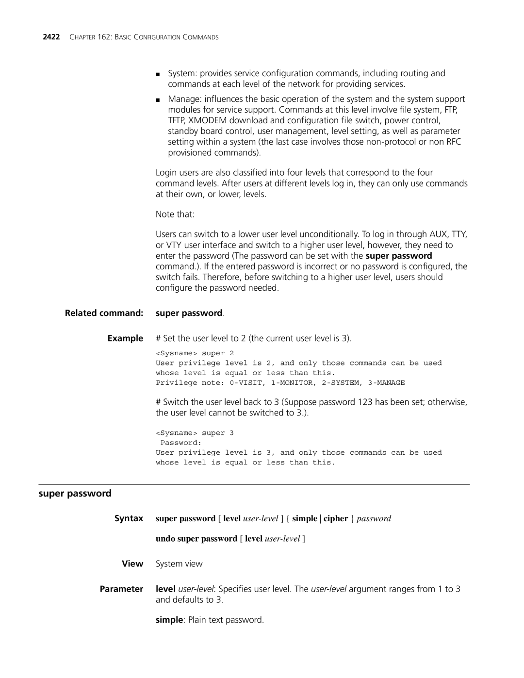 3Com MSR 30, MSR 50 manual Related command super password, Super password level user-level simple cipher password 