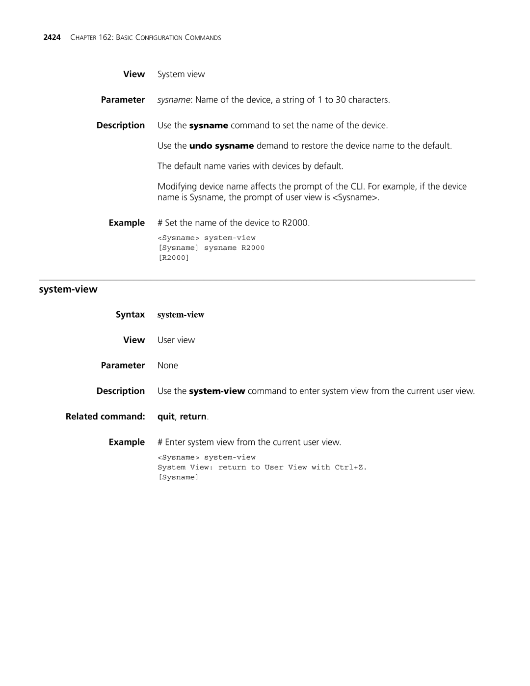 3Com MSR 30, MSR 50 manual System-view, Syntax system-view, Related command quit, return 