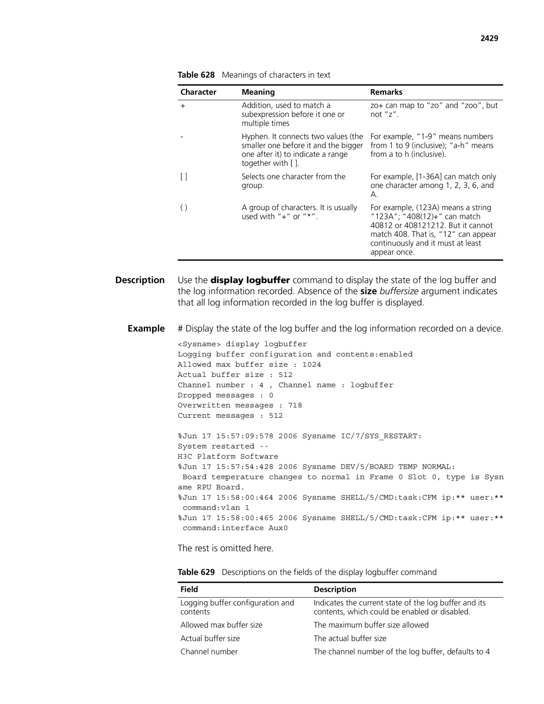 3Com MSR 50, MSR 30 manual Rest is omitted here, Descriptions on the fields of the display logbuffer command, 2429 