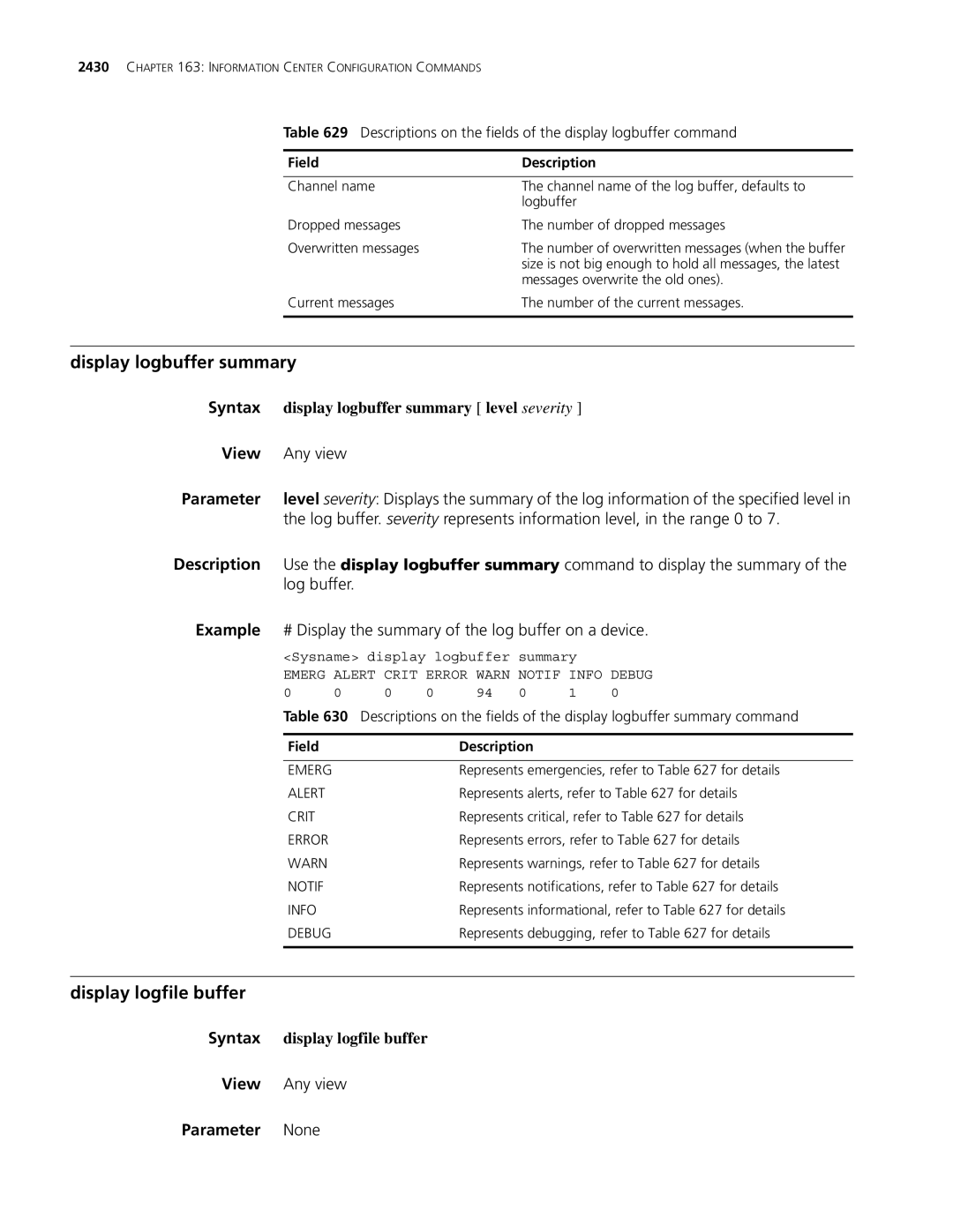 3Com MSR 30, MSR 50 Display logfile buffer, Display logbuffer summary level severity, Syntax display logfile buffer 