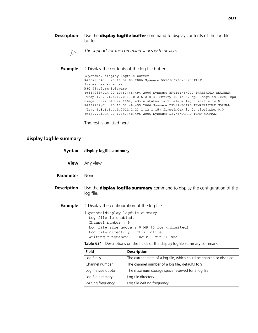 3Com MSR 50, MSR 30 Display logfile summary, Support for the command varies with devices, Syntax display logfile summary 