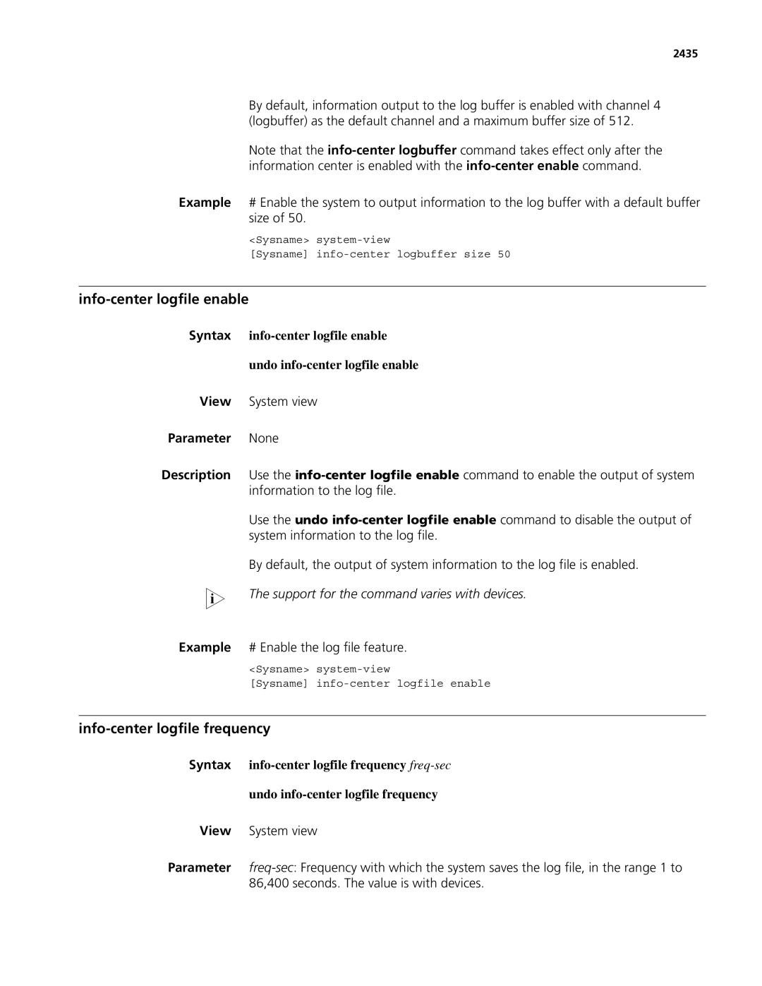 3Com MSR 50, MSR 30 Info-center logfile enable, Info-center logfile frequency, Example # Enable the log file feature, 2435 