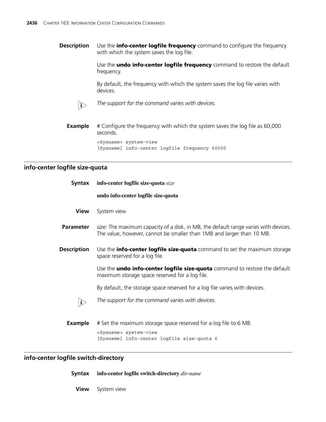 3Com MSR 30, MSR 50 manual Info-center logfile size-quota, Info-center logfile switch-directory 