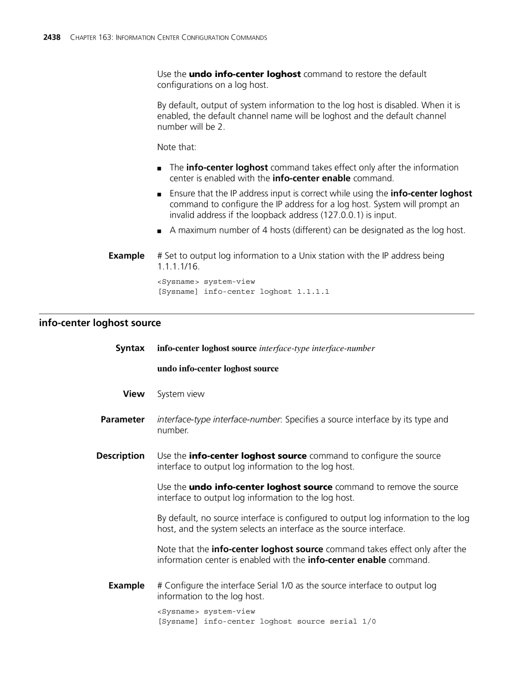 3Com MSR 30, MSR 50 manual Info-center loghost source, Undo info-center loghost source 