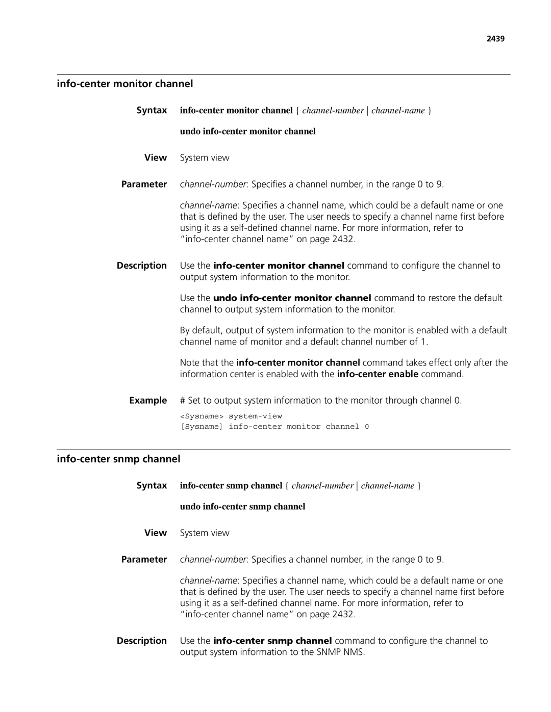 3Com MSR 50, MSR 30 manual Info-center monitor channel, Info-center snmp channel, Undo info-center snmp channel, 2439 