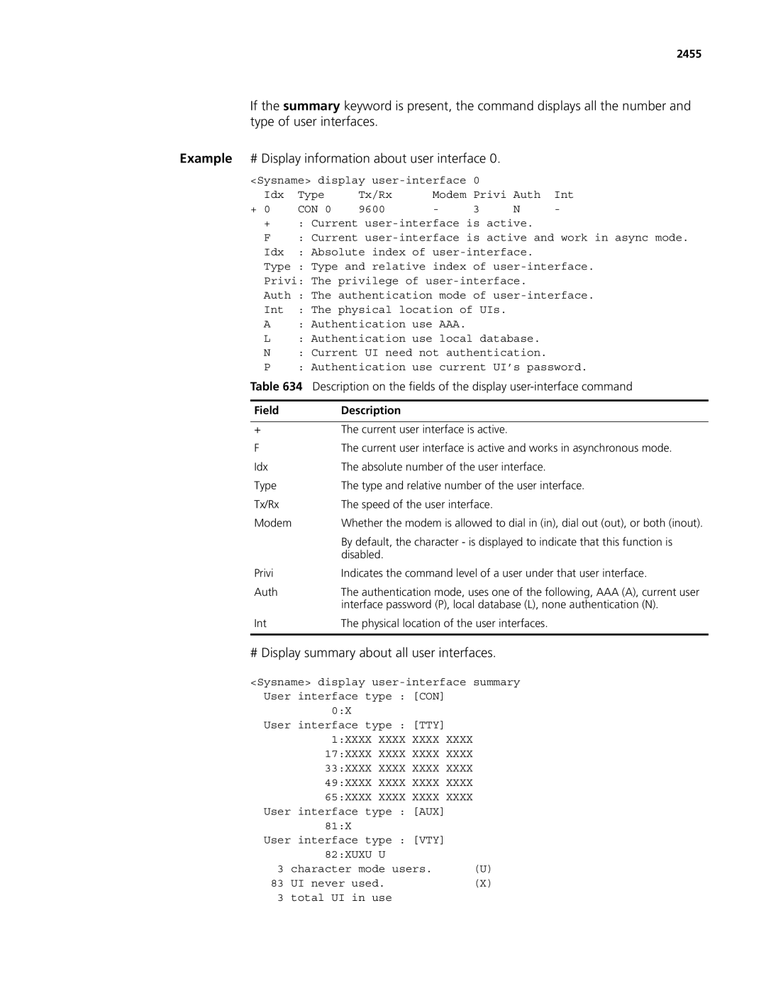 3Com MSR 50, MSR 30 manual # Display summary about all user interfaces, 2455 