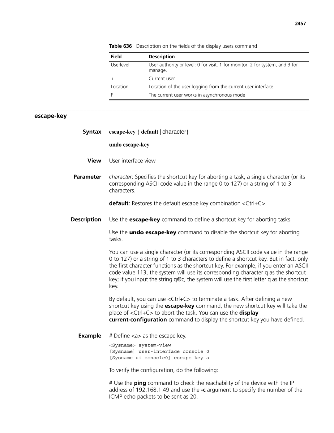 3Com MSR 50 Escape-key, Syntax escape-key default character Undo escape-key, Example # Define a as the escape key, 2457 