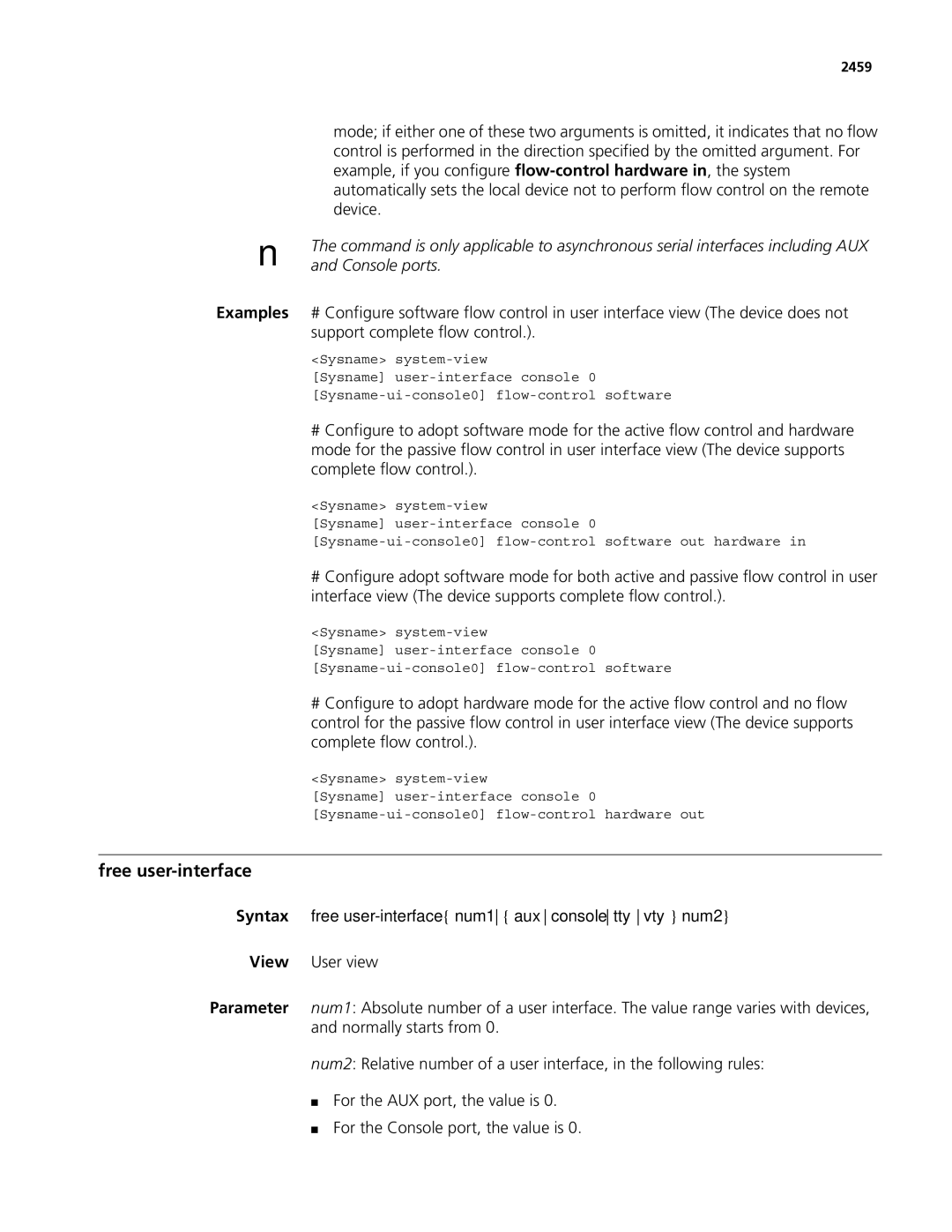 3Com MSR 50, MSR 30 manual Free user-interface, Syntax free user-interface num1 aux console tty vty num2, 2459 