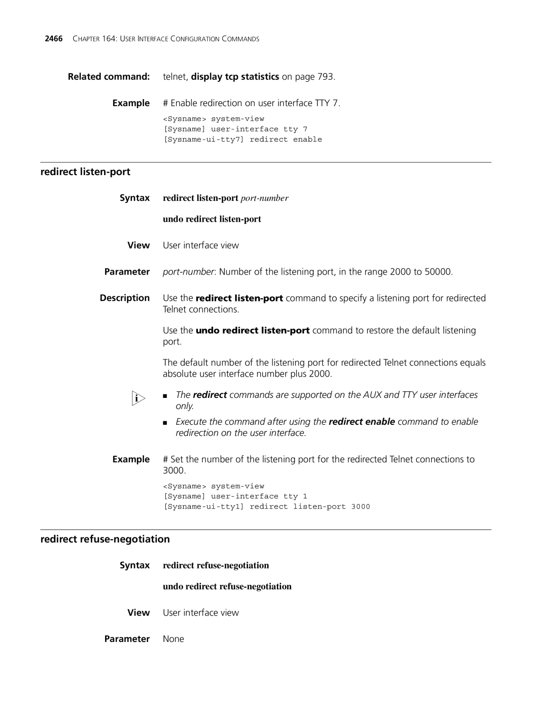 3Com MSR 30, MSR 50 Redirect listen-port, Redirect refuse-negotiation, Related command telnet, display tcp statistics on 