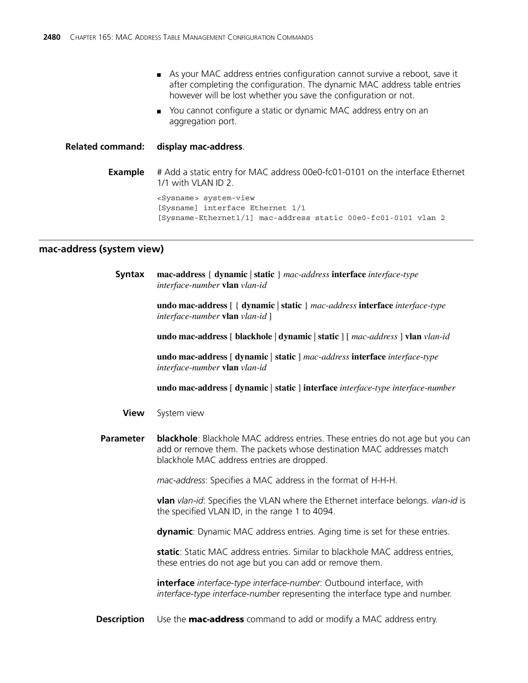 3Com MSR 30 manual Mac-address system view, Related command display mac-address, Blackhole MAC address entries are dropped 