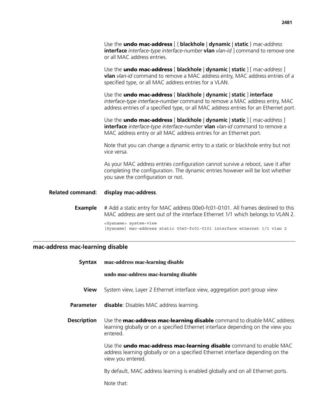 3Com MSR 50, MSR 30 manual Mac-address mac-learning disable, 2481 