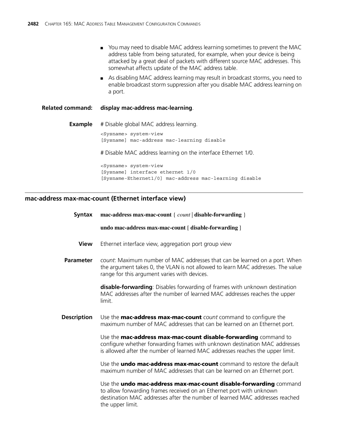 3Com MSR 30, MSR 50 Mac-address max-mac-count Ethernet interface view, Related command display mac-addressmac-learning 