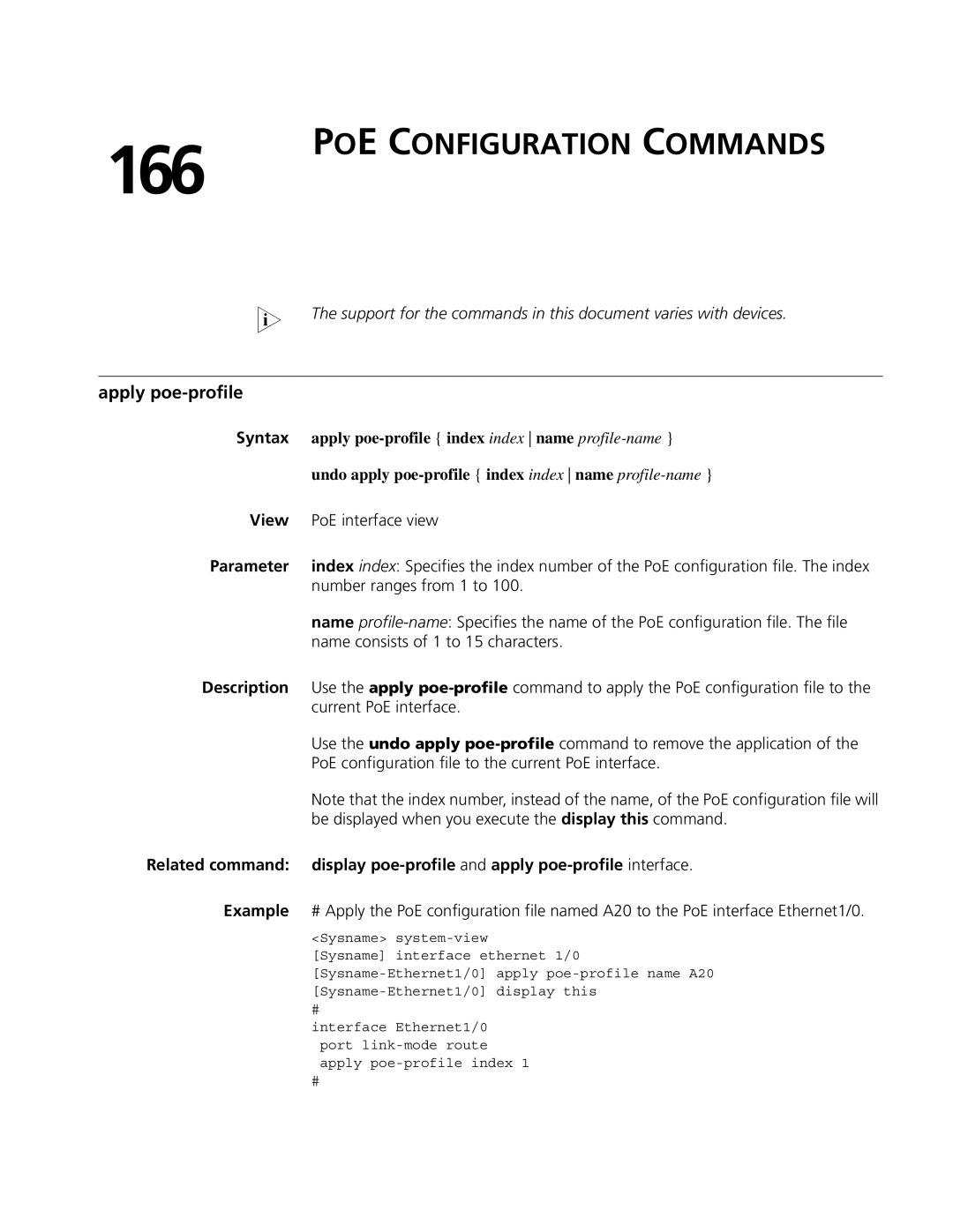 3Com MSR 50, MSR 30 manual 166, POE Configuration Commands, Apply poe-profile 