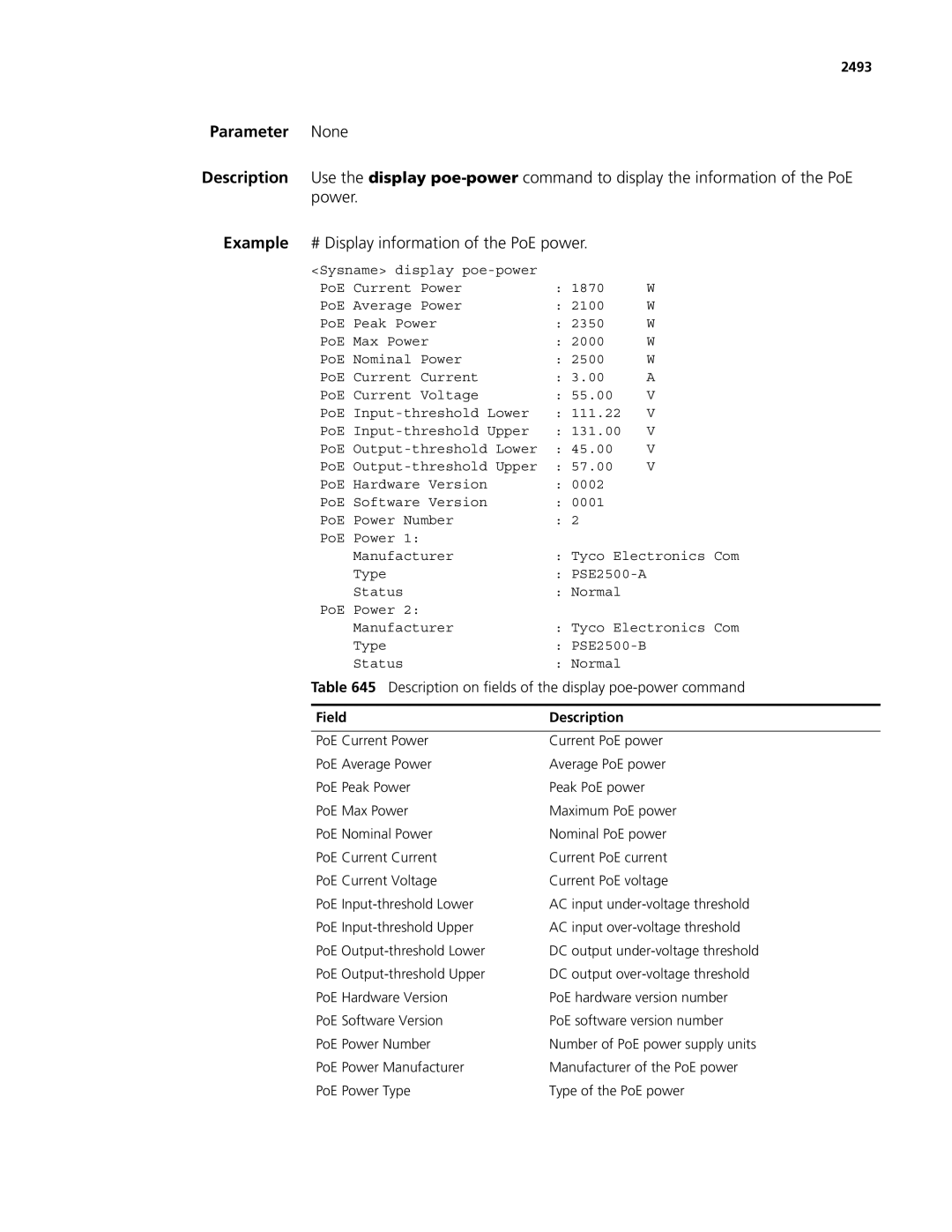 3Com MSR 50, MSR 30 manual Description on fields of the display poe-power command, 2493 