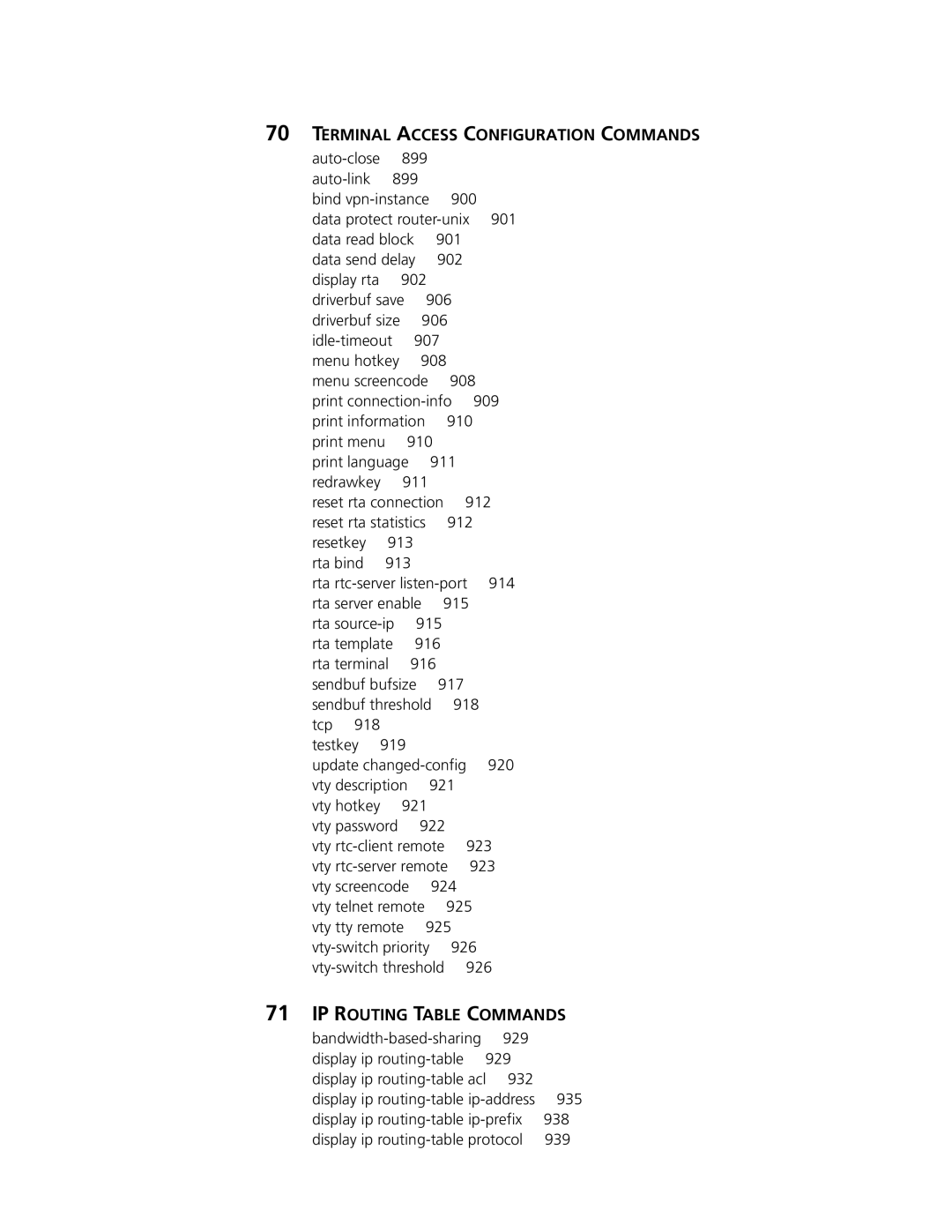 3Com MSR 50, MSR 30 manual Terminal Access Configuration Commands, IP Routing Table Commands 