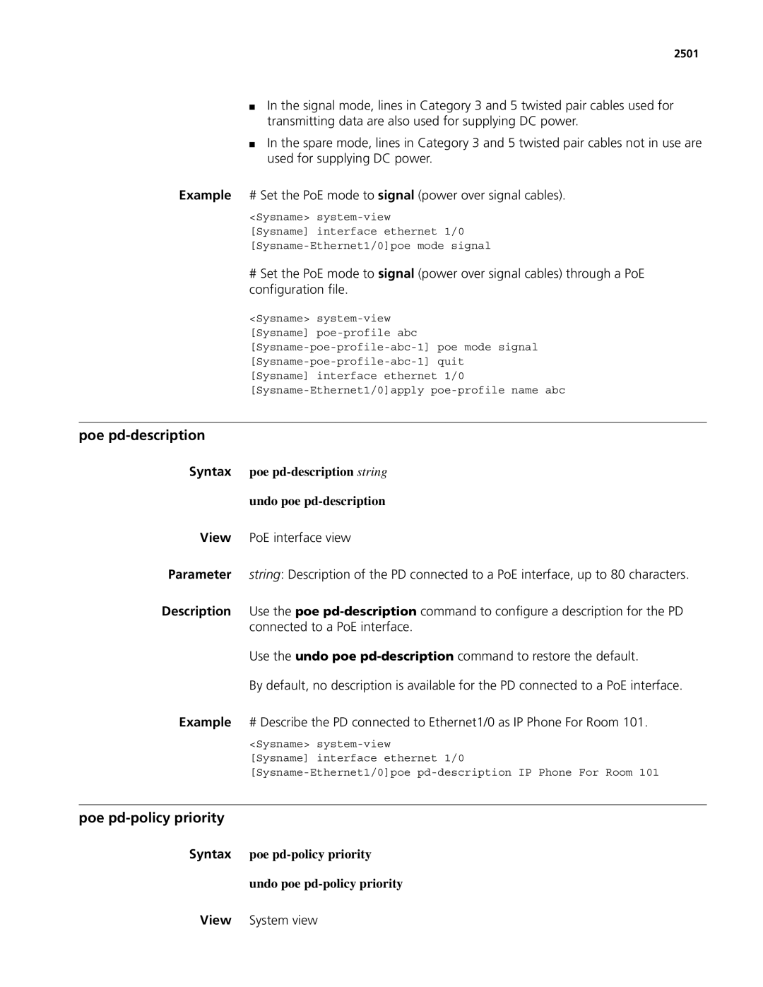 3Com MSR 50 Poe pd-description, Poe pd-policy priority, Syntax poe pd-description string Undo poe pd-description, 2501 