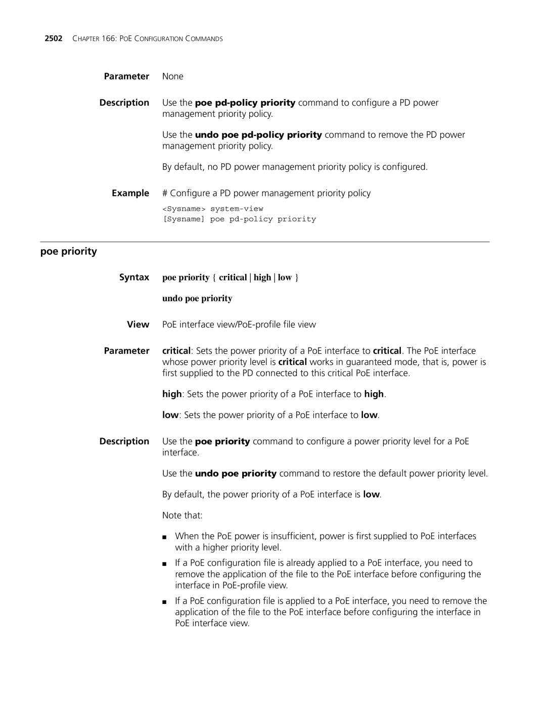 3Com MSR 30, MSR 50 manual Poe priority, Syntax poe priority critical high low Undo poe priority 