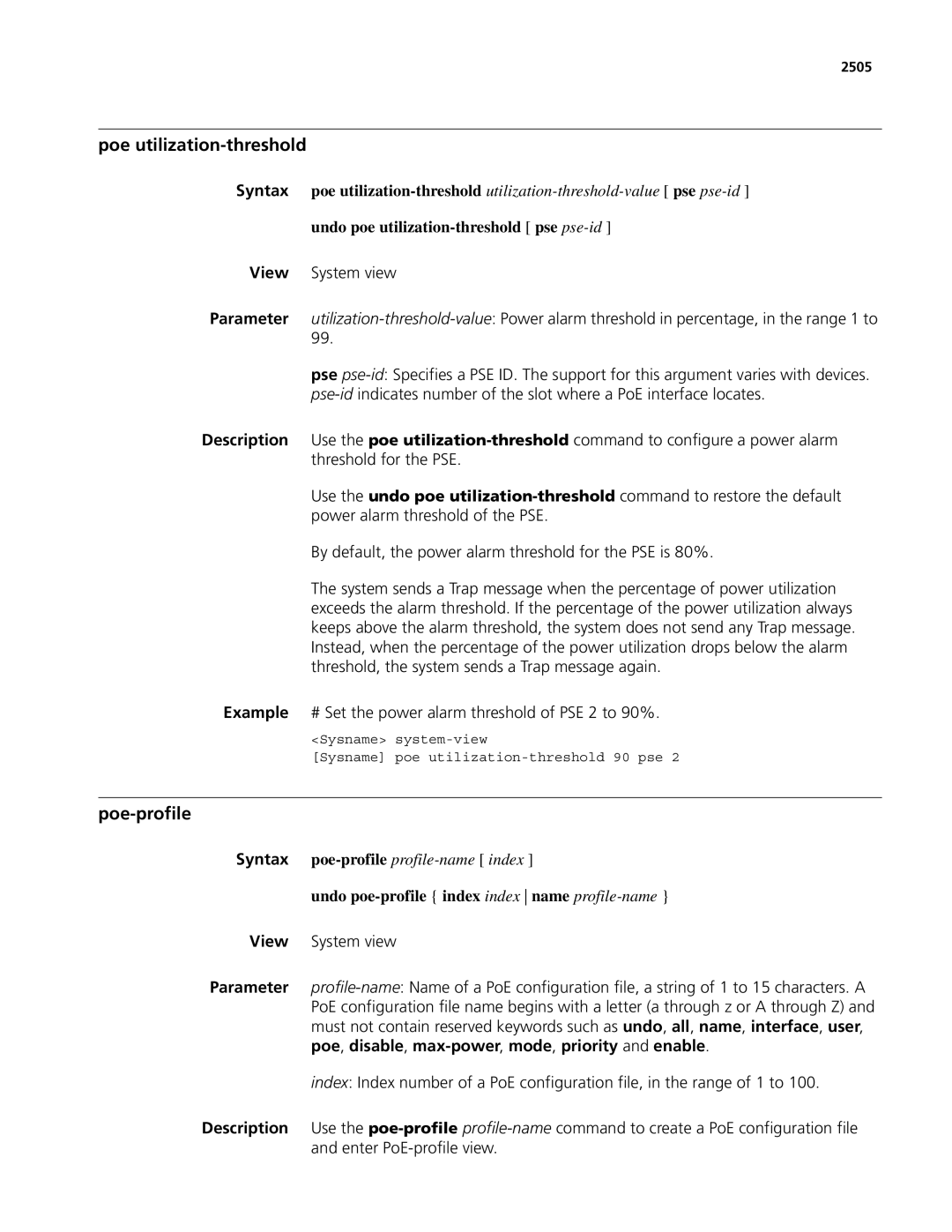 3Com MSR 50, MSR 30 manual Poe utilization-threshold, Poe-profile, Undo poe utilization-threshold pse pse-id 