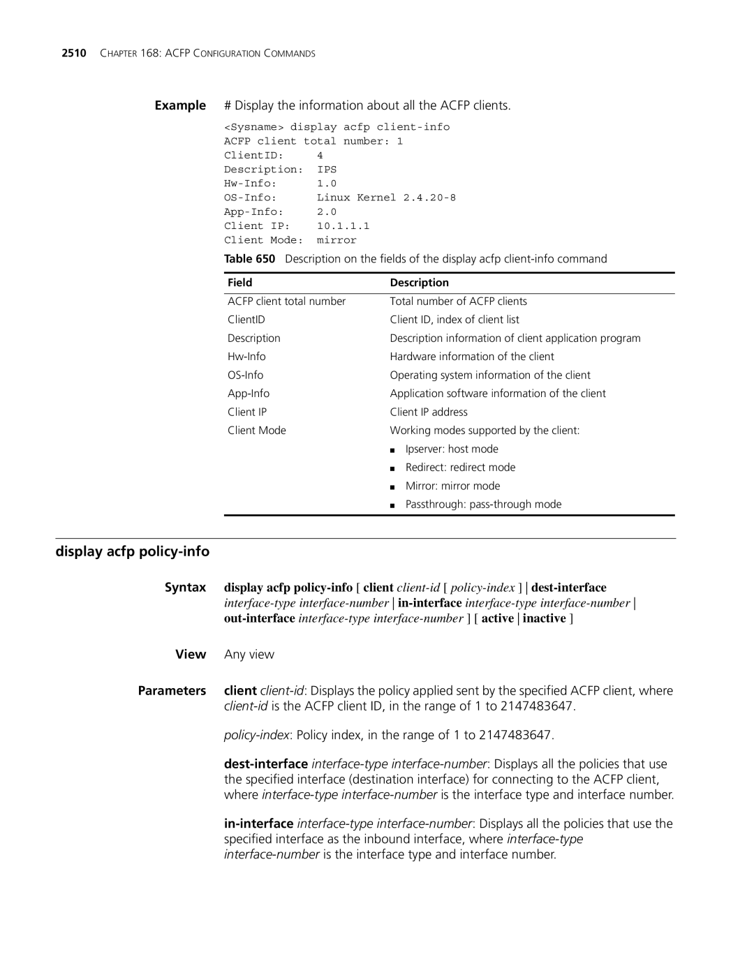 3Com MSR 30, MSR 50 manual Display acfp policy-info, Client-idis the Acfp client ID, in the range of 1 to 