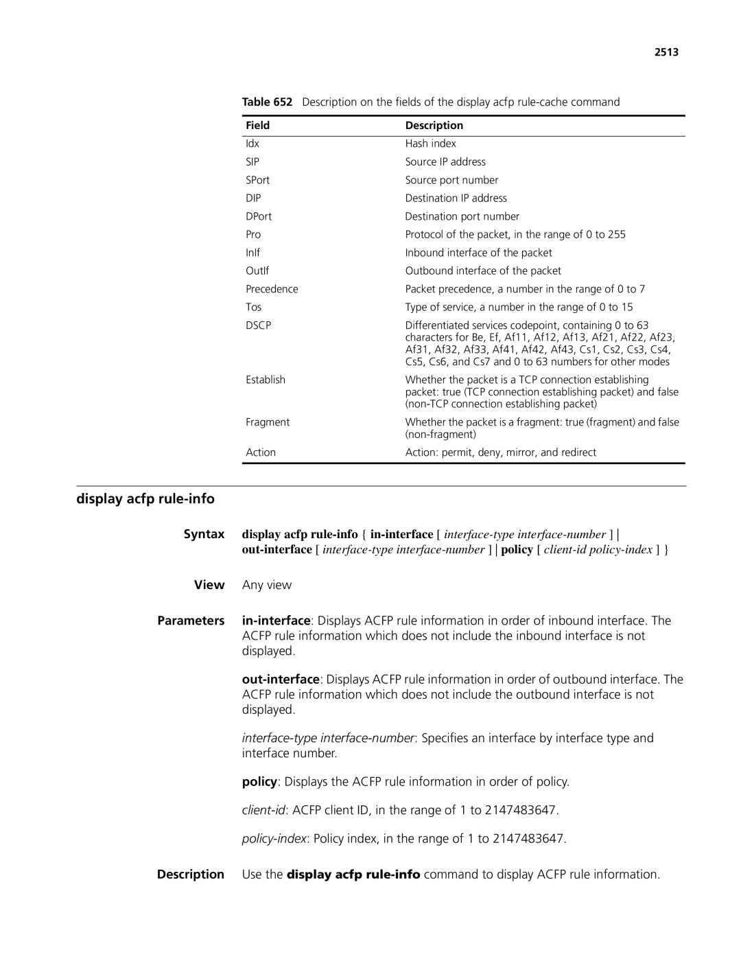 3Com MSR 50, MSR 30 Display acfp rule-info, Interface number, Client-id Acfp client ID, in the range of 1 to, 2513, Dscp 