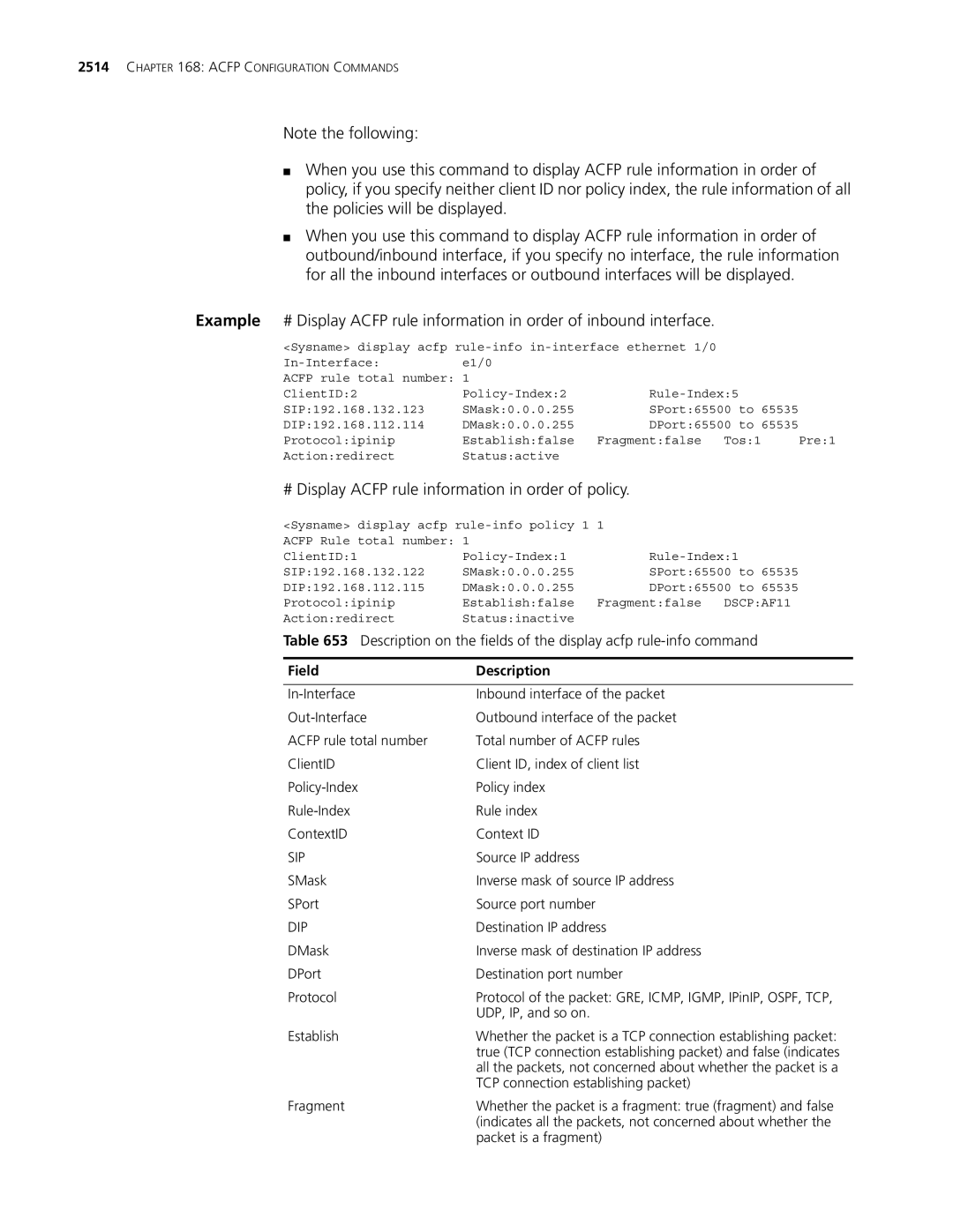 3Com MSR 30, MSR 50 manual # Display Acfp rule information in order of policy, Establish 