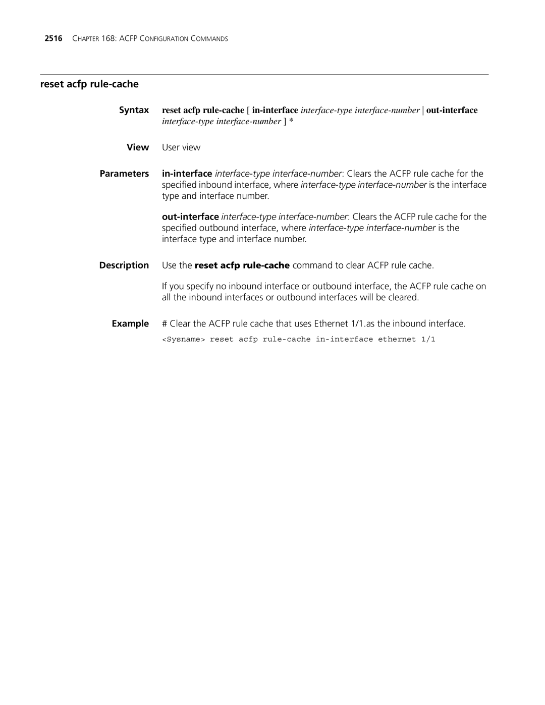 3Com MSR 30, MSR 50 manual Reset acfp rule-cache, Type and interface number 