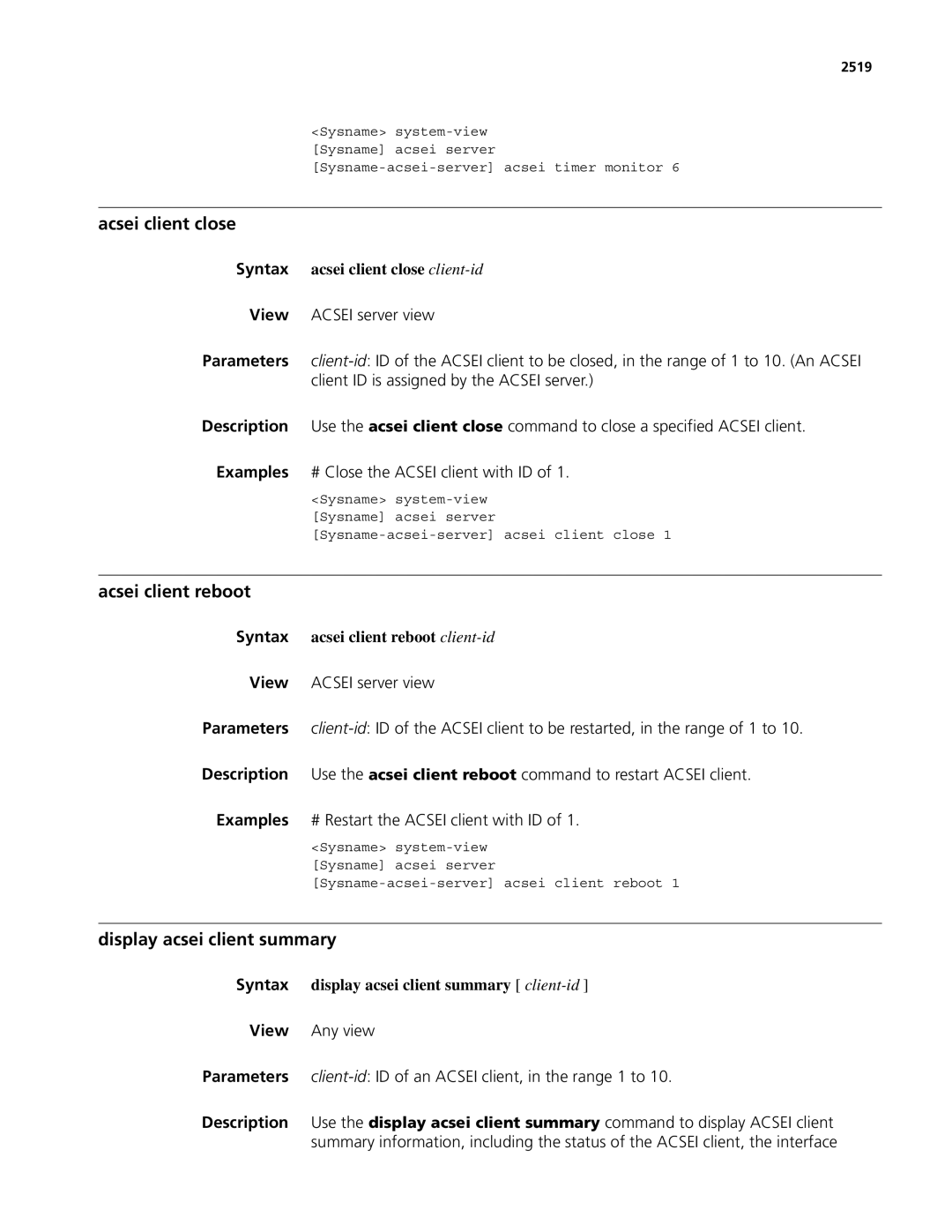 3Com MSR 50, MSR 30 manual Acsei client close, Acsei client reboot, Display acsei client summary 