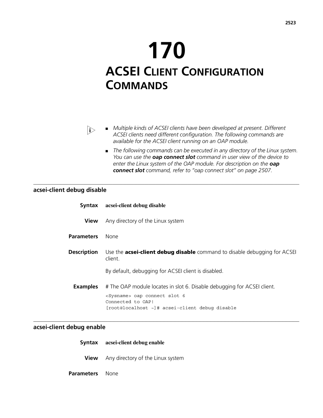 3Com MSR 50, MSR 30 manual 170, Acsei Client Configuration Commands, Acsei-client debug disable, Acsei-client debug enable 