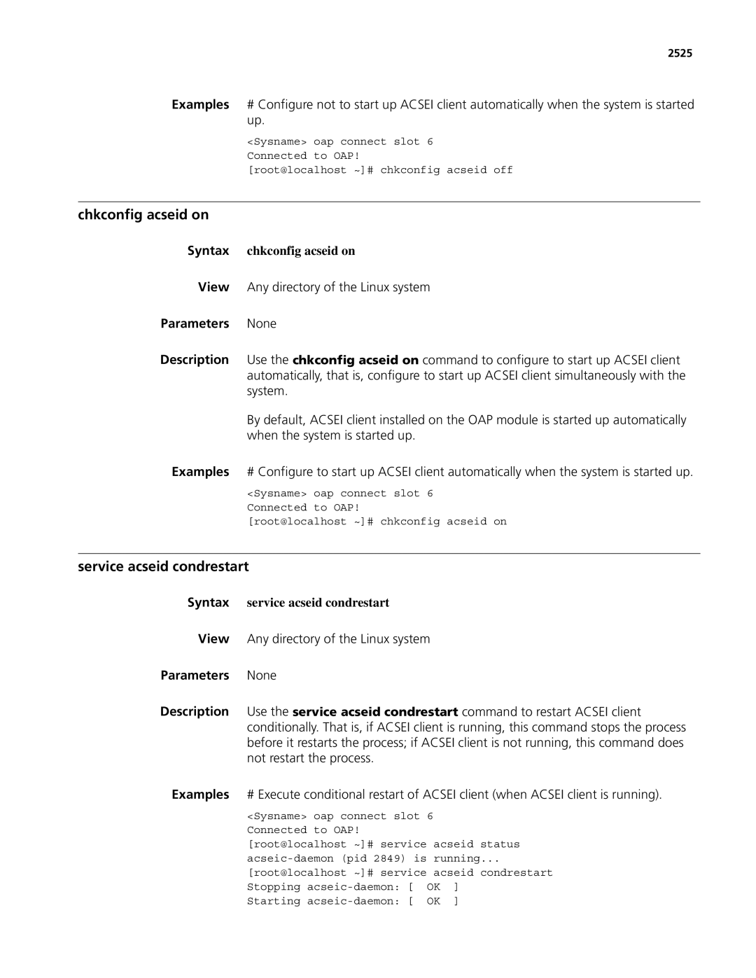 3Com MSR 50 Chkconfig acseid on, Service acseid condrestart, Syntax chkconfig acseid on, Syntax service acseid condrestart 