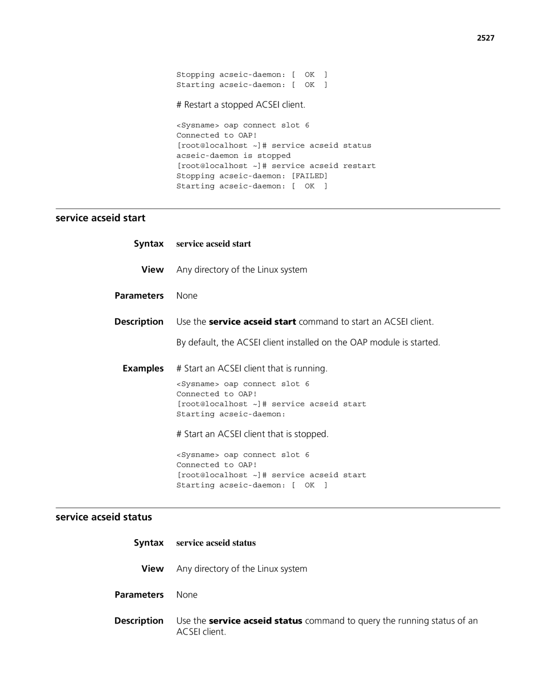 3Com MSR 50, MSR 30 Service acseid start, Service acseid status, Syntax service acseid start, Syntax service acseid status 