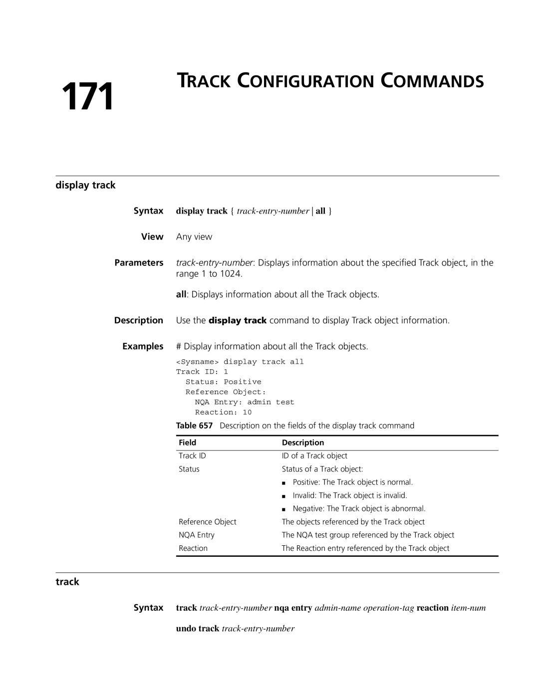 3Com MSR 50 manual 171, Track Configuration Commands, Display track, Description on the fields of the display track command 