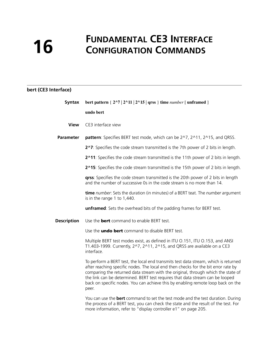 3Com MSR 50, MSR 30 manual Fundamental CE3 Interface Configuration Commands, Bert CE3 Interface 