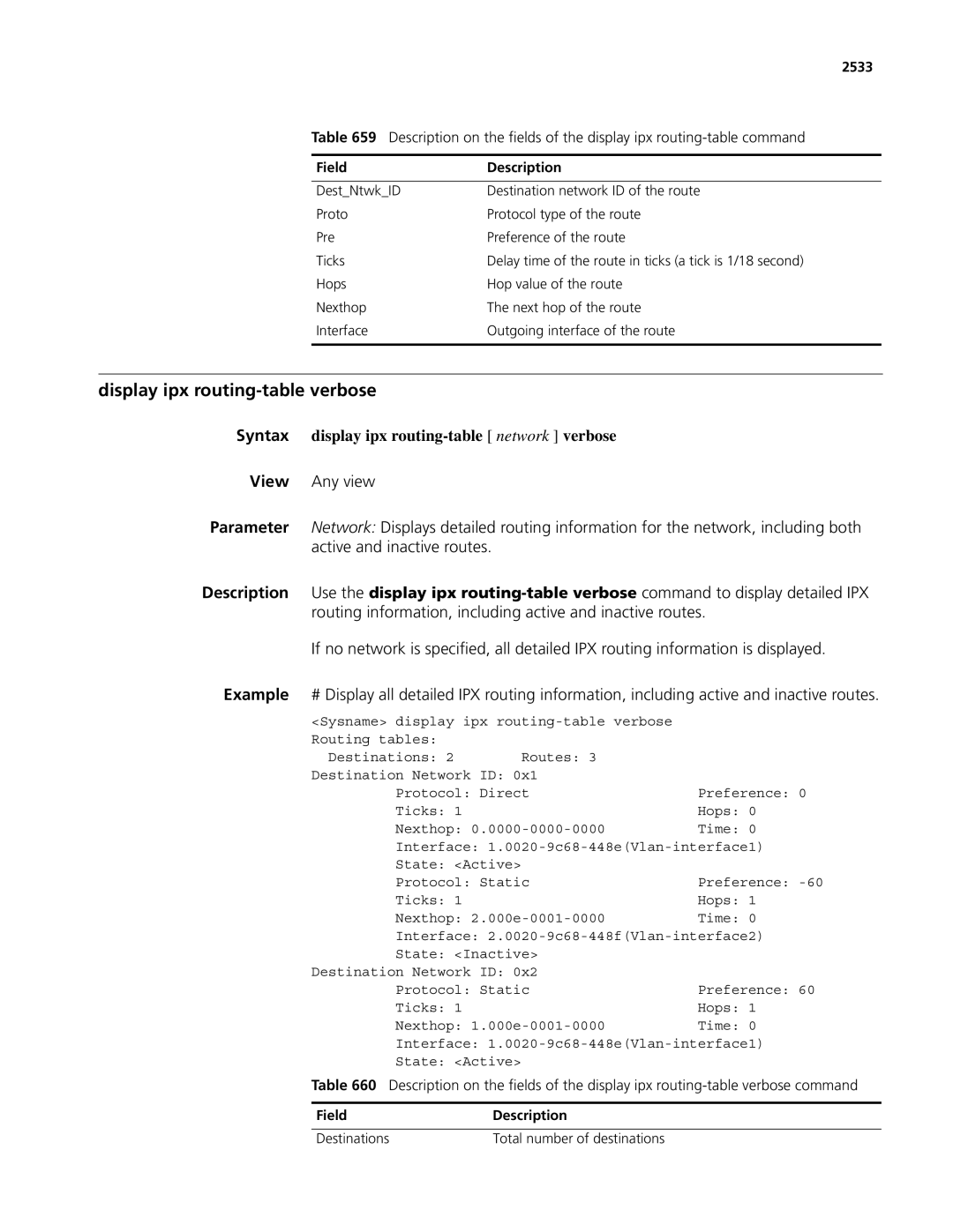 3Com MSR 50, MSR 30 manual Display ipx routing-table verbose, Syntax display ipx routing-table network verbose, 2533 