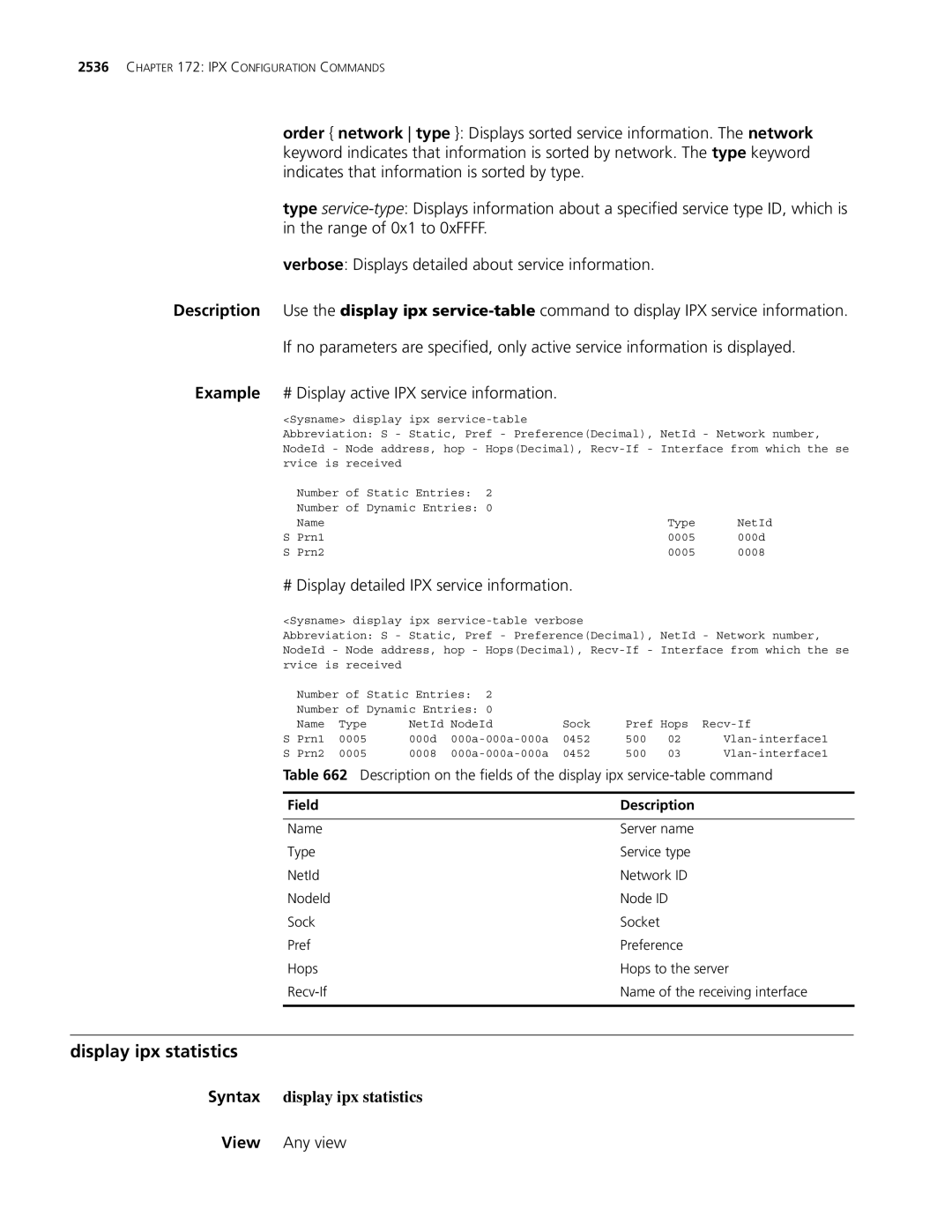 3Com MSR 30, MSR 50 manual Display ipx statistics, # Display detailed IPX service information, Syntax display ipx statistics 