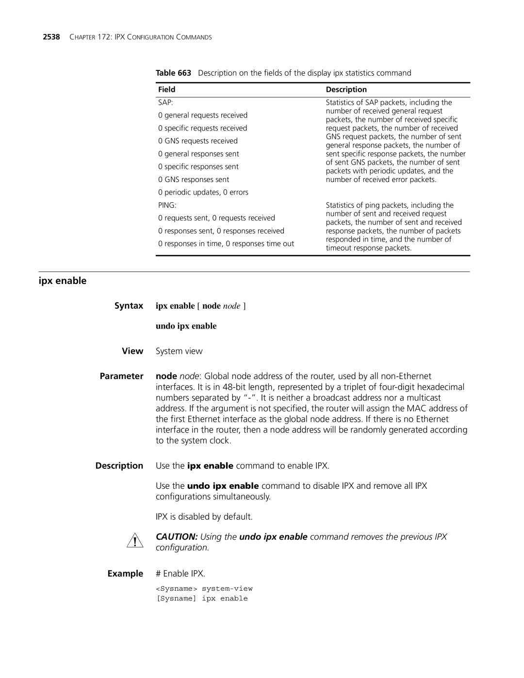 3Com MSR 30, MSR 50 manual Ipx enable node node, Undo ipx enable, Configuration 