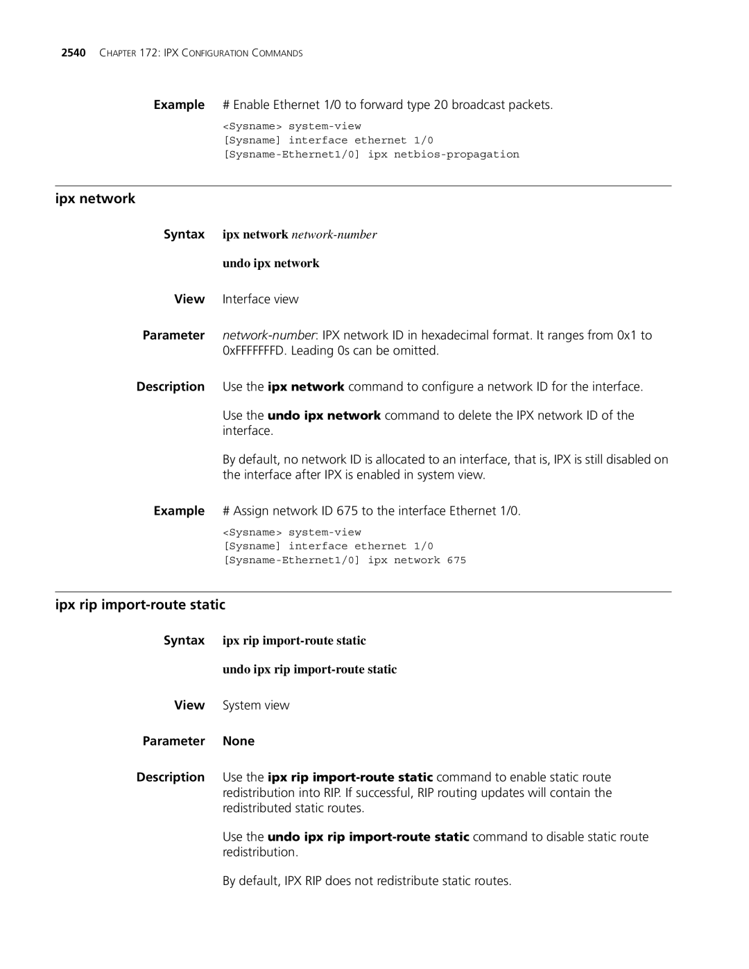 3Com MSR 30, MSR 50 manual Ipx network, Ipx rip import-route static, Undo ipx network, Undo ipx rip import-route static 