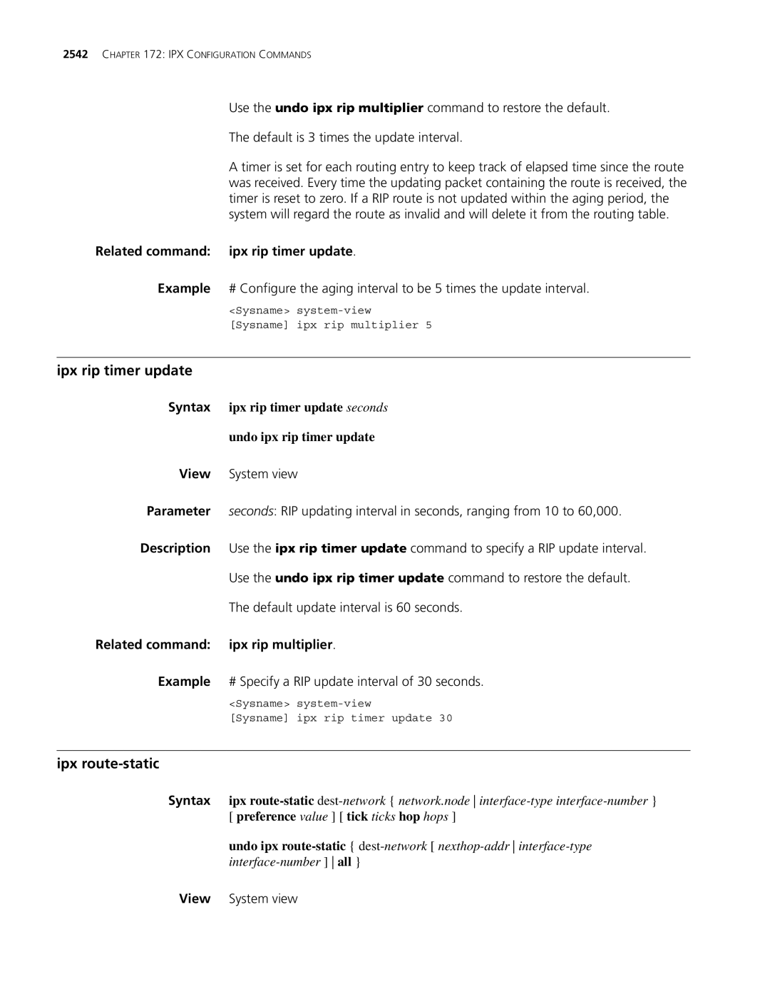 3Com MSR 30, MSR 50 manual Ipx rip timer update, Ipx route-static, Related command ipx rip timer update 