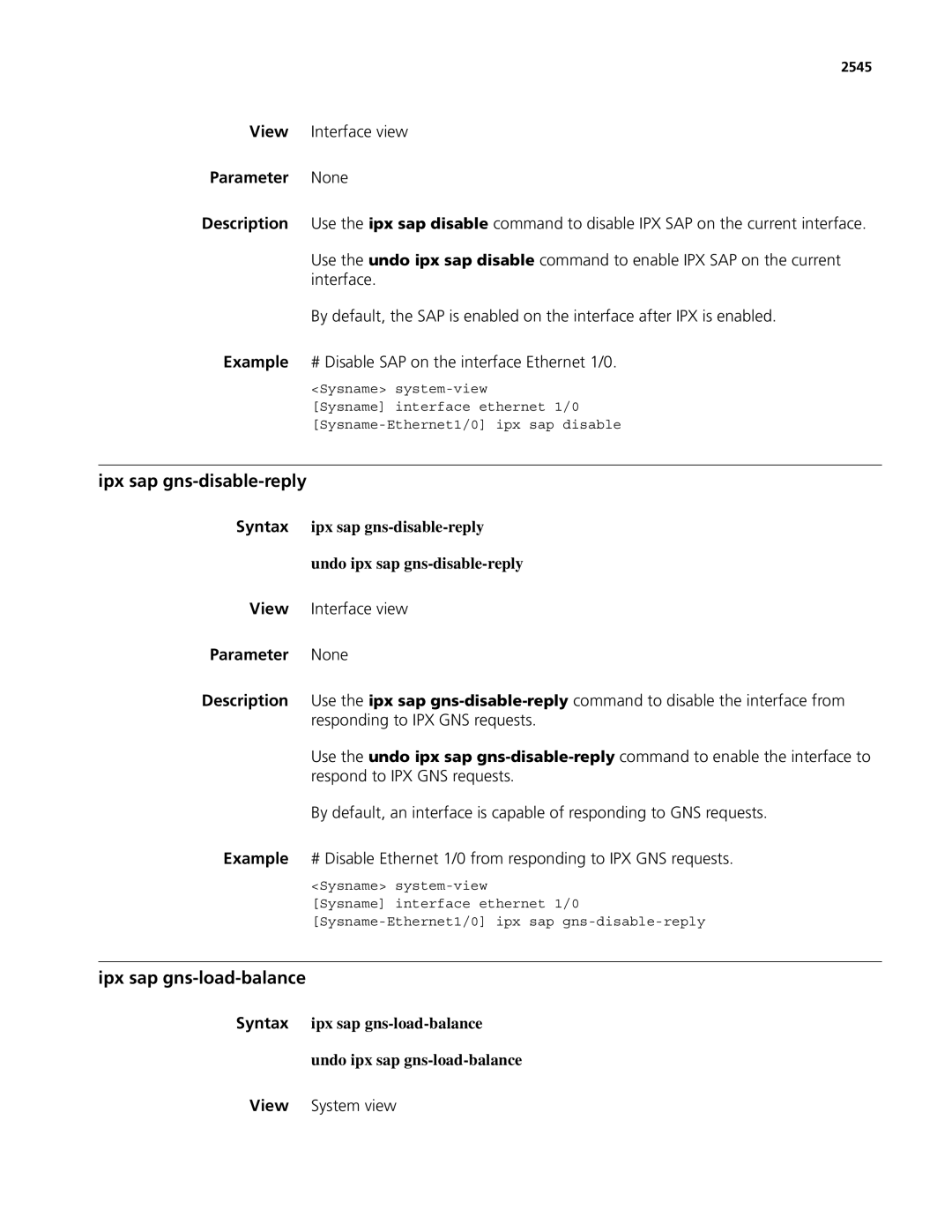 3Com MSR 50, MSR 30 manual Ipx sap gns-disable-reply, Ipx sap gns-load-balance, Undo ipx sap gns-disable-reply 